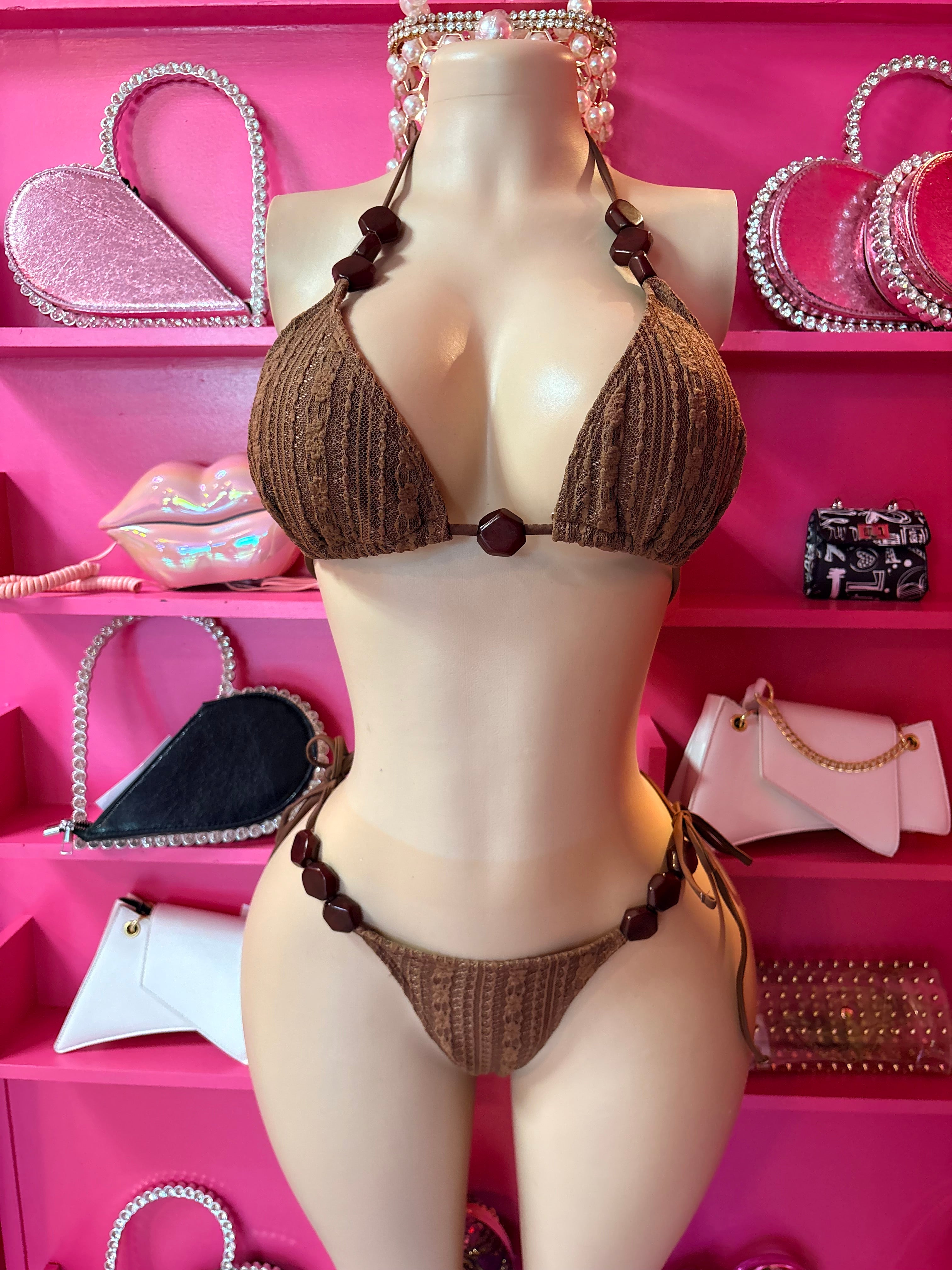 Two Piece Brown Jeweled Swimsuit
